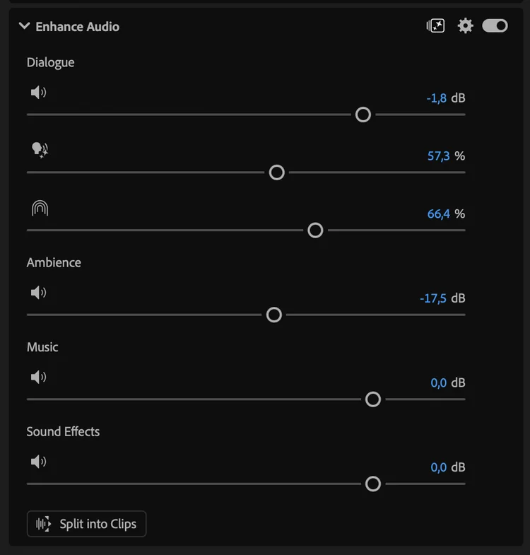 Adobe 공식 발표의 Enhance Audio 조절 화면